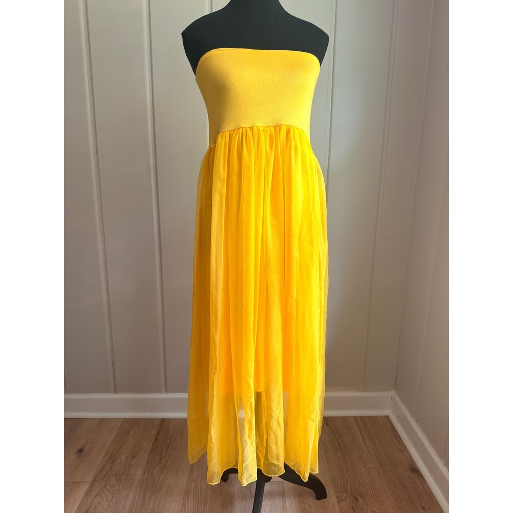 Y2k Paradise USA Yellow Strapless Tulle Overlay Midi Dress Medium